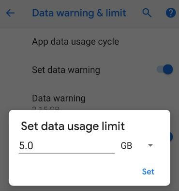 Kā iestatīt datu ierobežojumu android P 9.0