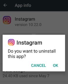 Lai novērstu nezināmu kļūdu, atinstalējiet lietotni Instagram